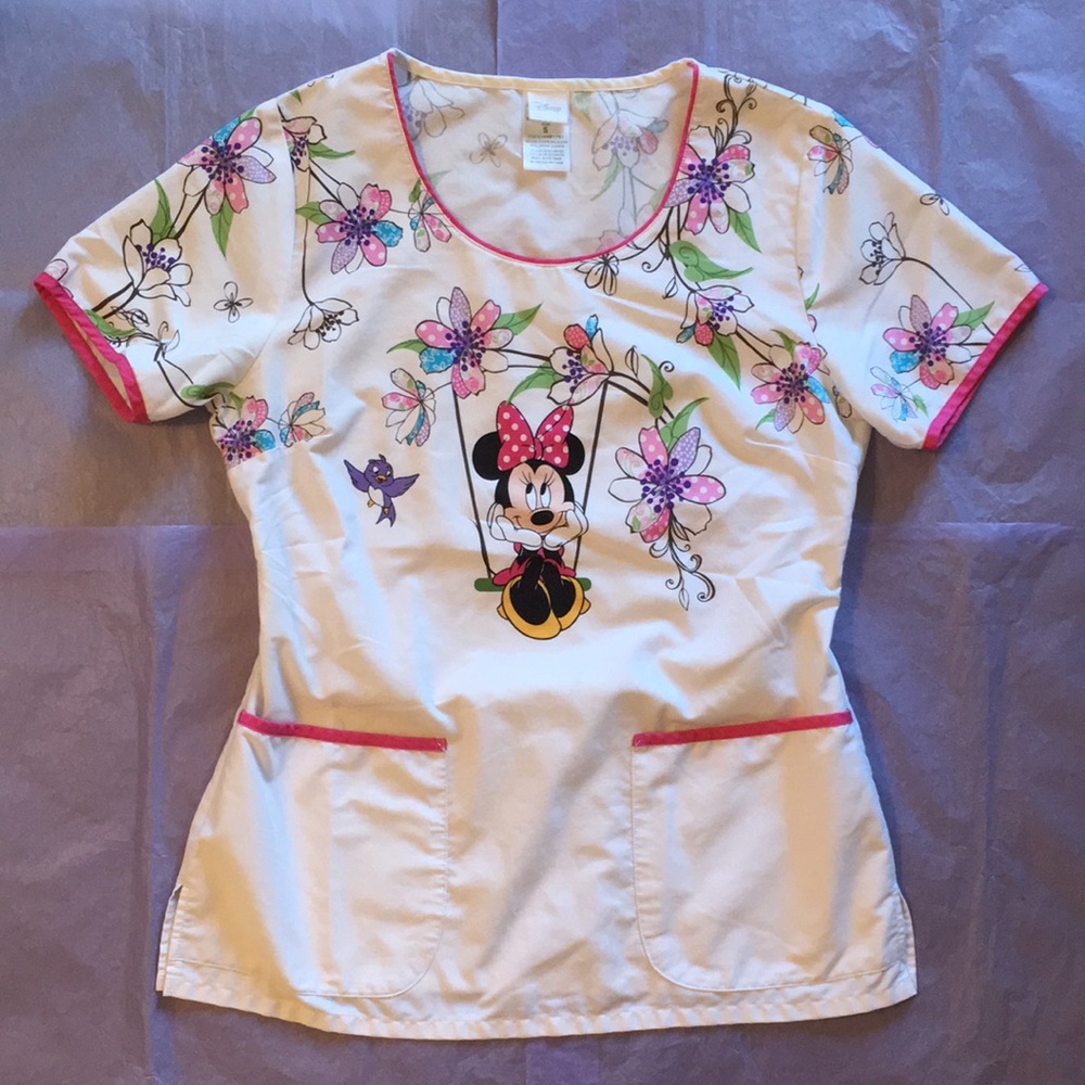 Cherokee Tooniforms Disney Minnie Mouse Floral Swing Scrub Top Size Small